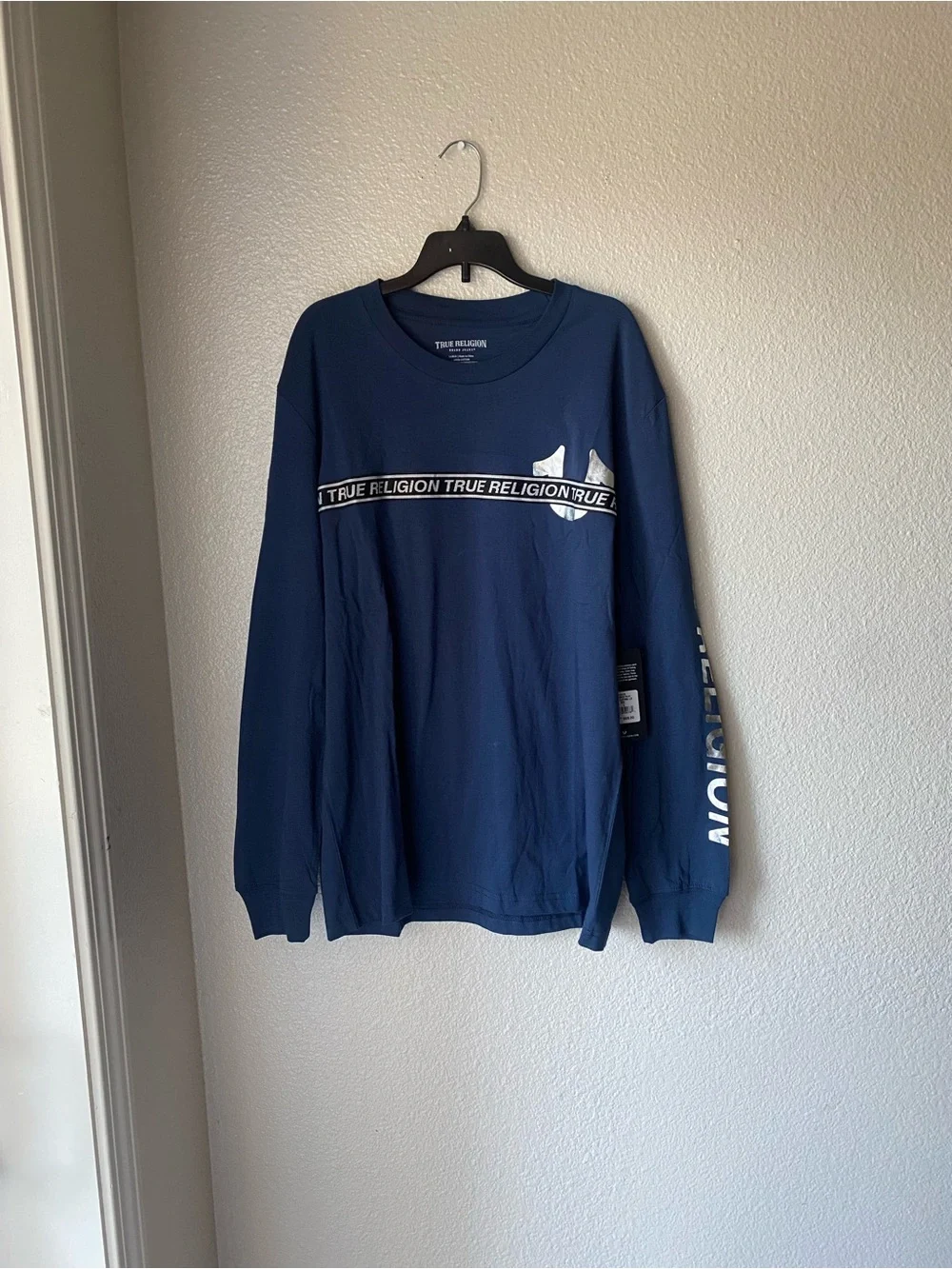 True Religion Navy Long Sleeve Logo Tee with Chest Stripe